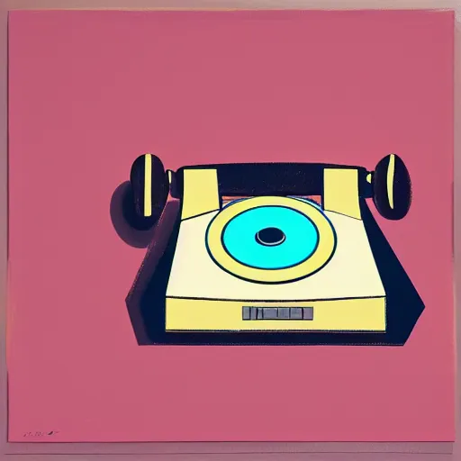 Image similar to a painting of a rotary dial phone, abstract painting in the style of Sophie Taeuber-Arp and Gary Hume and Tatsuro Kiuchi, flat colour-block style, geometric abstraction, earthy pastel colours