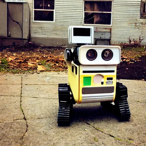 Prompt: polaroid of wall - e robot in abandoned washington city