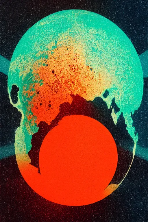 Prompt: planet earth from space on fire,moody, Karolis Strautniekas, Mads Berg, stippled light, dramatic lighting,editorial illustration, detailed,fine texture, matte print,dynamic composition,blue+green+dark orange+red+dark blue+beige, misty fog, linocut