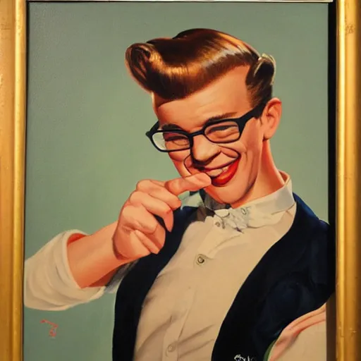 Prompt: a painting of a cute 1 9 5 0 s male smiling wearing vintage glasses in a gay bar by gil elvgren