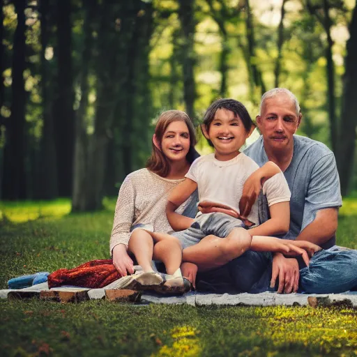 Prompt: a family made out of wood sit in a park 5 0 mm lens, f 1. 4, sharp focus, ethereal, emotionally evoking, head in focus, volumetric lighting, 8 k