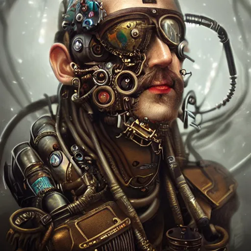 Image similar to portrait painting of evil steampunk cyborg tinkerer, technomagic, ultra realistic, concept art, intricate details, eerie highly detailed