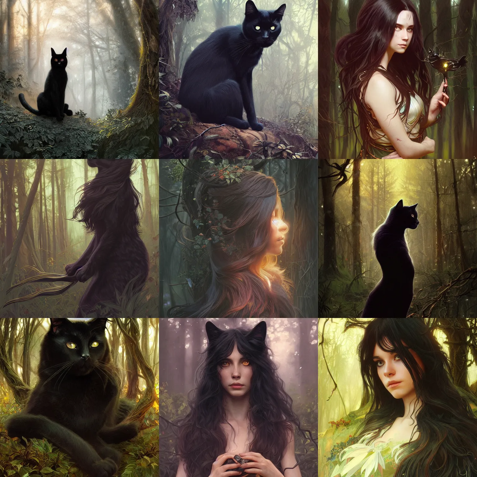 Prompt: portrait of a black cat with long hair on a forest, fantasy, intricate, cinematic lighting, highly detailed, digital painting, artstation, concept art, smooth, sharp focus, illustration, art by Artgerm and Greg Rutkowski and Alphonse Mucha