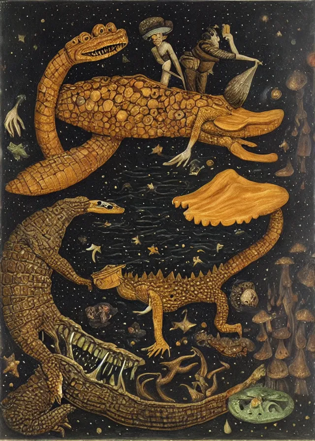 Prompt: the queen of the moon feeding stars to a crocodile with mushrooms growing on it, ominous, dark and poetic, painted on masonite, by remedios varo