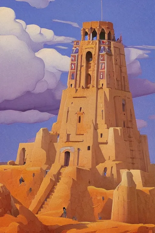 Prompt: glorious painted tower of the moon, by Sylvain Sarrailh and Ludwig Deutsch and Nicholas Roerich, dramatic cinematic lighting , beautiful colorful tilework, ornate architecture, smooth, sharp focus, extremely detailed