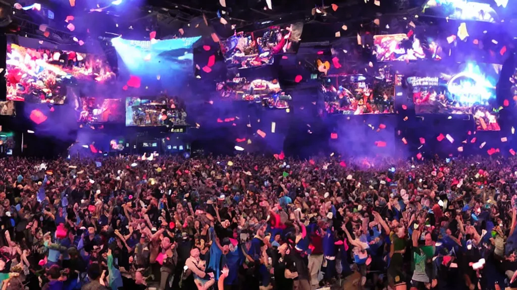 Prompt: Players celebrating on stage at a video game tournament with professional staging and truss lighting, projector screens showcasing gameplay Super Smash Brothers Ultimate, moment of victory as the crowd cheers and confetti flies through the air