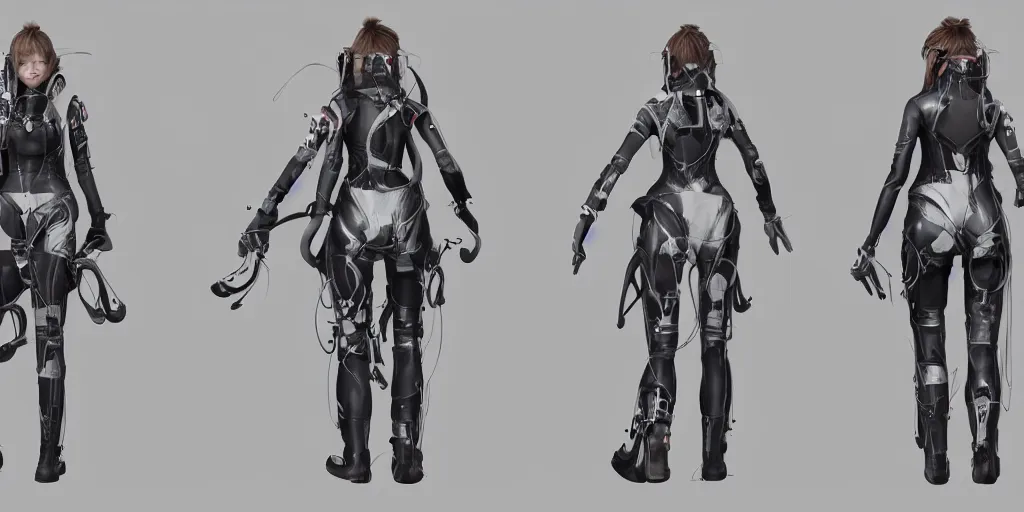 Prompt: Front and back view of a woman in scientist jacket with a system of straps and pouches for collecting material by Tetsuya Nomura with Ralph Horsley and Mario Testino, trending on artstation and pixiv clean sci-fi concept art and sheet that using unreal engine 5 render and hyper detailed 3D texture with cinematic software light