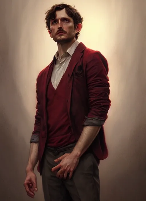 Image similar to ultra realistic illustration, handsome will graham. dark red, blood, intricate, highly detailed, digital painting, artstation, concept art, smooth, sharp focus, illustration, art by artgerm and greg rutkowski and alphonse mucha and wlop