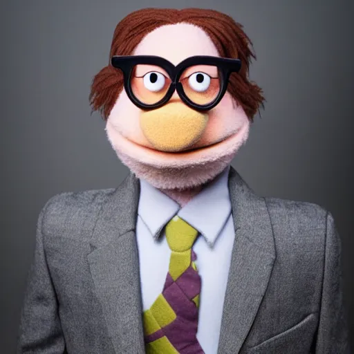 Prompt: studio portrait still of muppet dwight schrute wearing his glasses as a muppet muppet as a @ muppet, 8 k, studio lighting, key light,