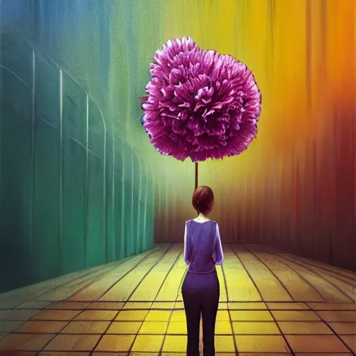 Image similar to giant carnation flower head, woman standing in metro station, surreal photography, dramatic light, impressionist painting, digital painting, artstation, simon stalenhag