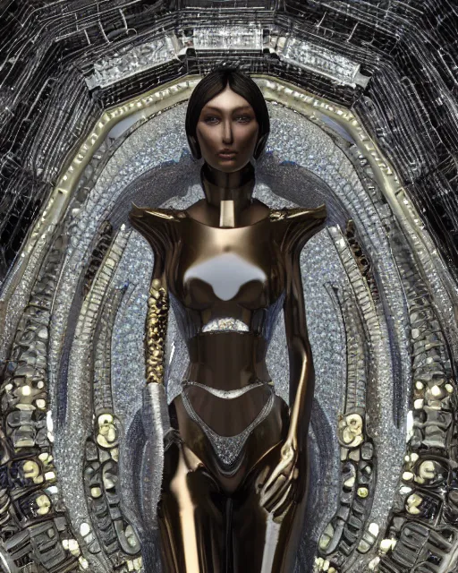 Image similar to a highly detailed metahuman 4 k close up render of an alien goddess bella hadid monument in iris van herpen armor schiaparelli in diamonds crystals swarovski and jewelry iridescent in style of alphonse mucha gustav klimt trending on artstation made in unreal engine 4