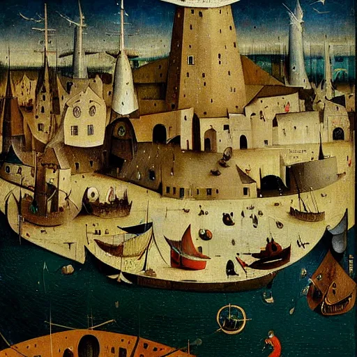 Prompt: Stunning and highly detailed painting of Port Rhu by Hieronymus Bosch