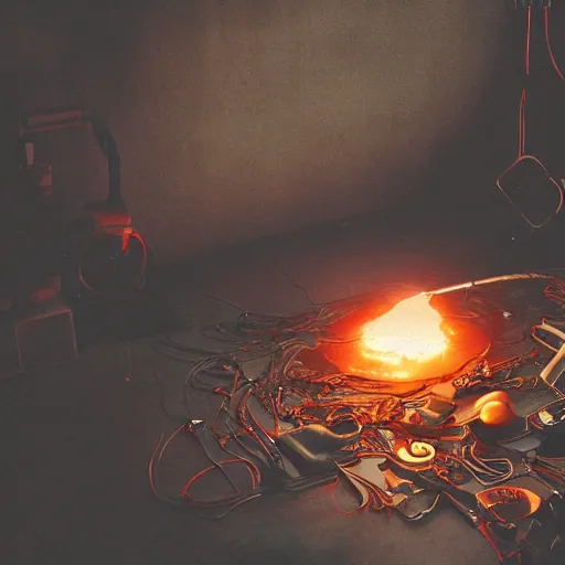 Image similar to red hot frying pan with eggs and bacon, tangles of metallic cables, dark messy smoke - filled cluttered workshop, dark, dramatic lighting, orange tint, sparks, plasma charges, cinematic, highly detailed, sci - fi, futuristic, movie still