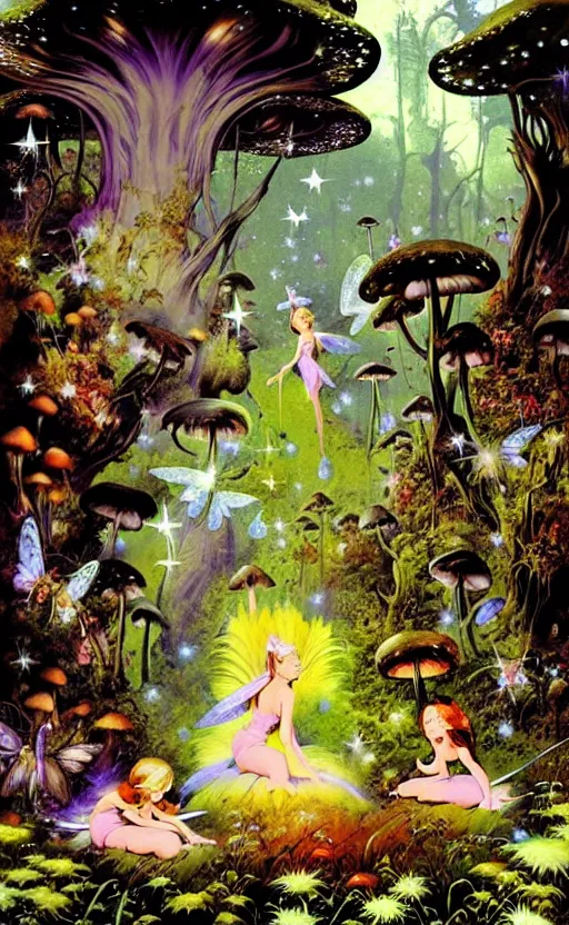 Image similar to fairies with detailed faces, enchanted forest, mushrooms on the ground, stars in the sky, psychedelic, wide angle shot, white background, vector art, illustration by frank frazetta