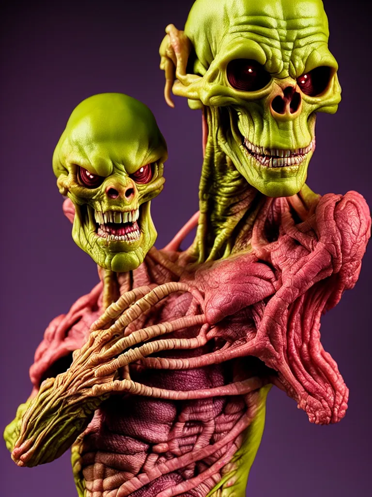 Prompt: hyperrealistic rendering, cronenberg flesh monster skeletor by art of skinner and richard corben and jeff easley, product photography, action figure, sofubi, studio lighting, colored gels