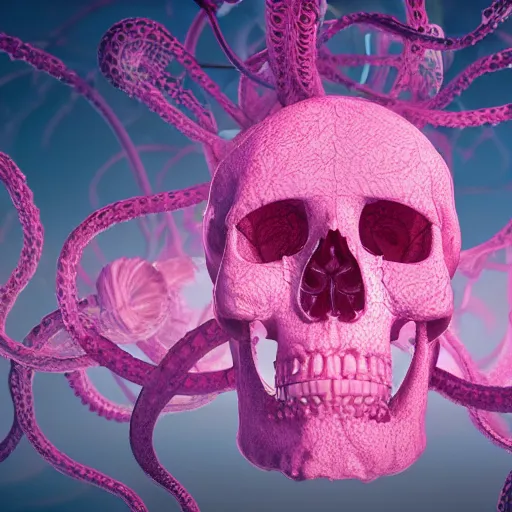Prompt: a human Skull mutating into flowers, tentacles, unnatural shapes, surrounded by jellyfish tentacles reaching out, coherent human Skull, insects, chaotic octane render, 3d digital art by beeple, unreal engine 5, award winning,