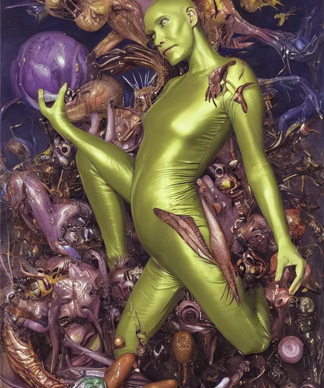 Image similar to a portrait photograph of a alien super villian with slimy skin and wings. she looks like a mutated reese witherspoon and is trying on a colorful infected bulbous shiny organic catsuit. by donato giancola, hans holbein, walton ford, gaston bussiere, peter mohrbacher and brian froud. 8 k, cgsociety, fashion editorial