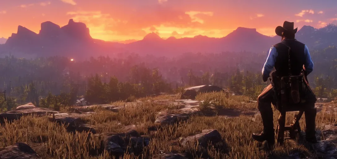 Image similar to Arthur Morgan from Red Dead Redemption 2 sitting at the top of a rocky mountain looking at a beautiful sunrise in the distance