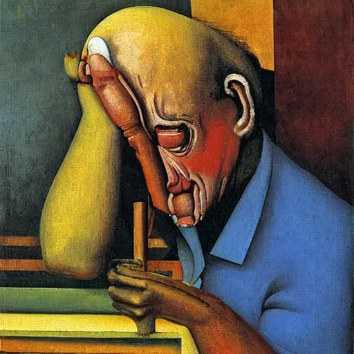 Image similar to a painter at his easel crying in despair, painting by Max Ernst