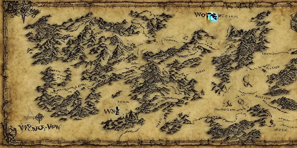 Image similar to Map of the realm of the wolf crew. Wolf face map. wolves. Ancient magic, medieval fantasy map, mountains, islands, forests. Map-style Skyrim, Lord of the rings map, zelda breath of the wild map, video game style, drawing on a parchment