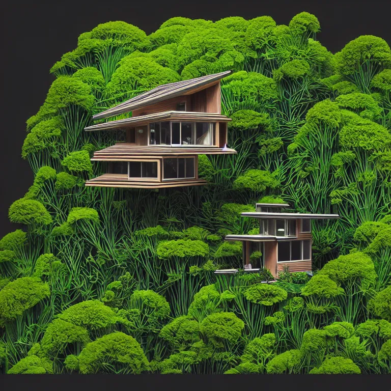 Image similar to tiny house by kengo kuma on island sea cloud surreal art by jason naylor, very coherent, sharp, colorful high contrast, dark shadows, hard lighting, floralpunk flower green plants garden, inking etching screen print, hd, 8 k hyper detailed, octane render