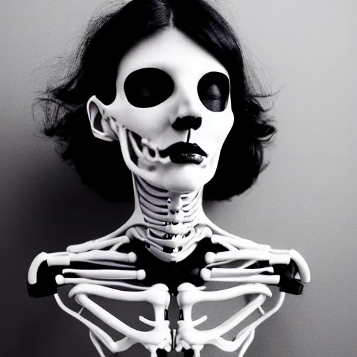 Image similar to black and white dreamy foggy smoky profile face portrait, single skeletal biomechanical beautiful young female cyborg robot bust, body ribs meshes,, volumetric light, rim light, by dora maar and cecile beaton, big gothic fashion pearl embroidered collar, 8 k