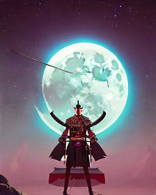 Image similar to highly detailed surreal vfx portrait of a metallic chromatic samurai in front of a full moon, stephen bliss, unreal engine, greg rutkowski, loish, rhads, beeple, makoto shinkai and lois van baarle, ilya kuvshinov, rossdraws, tom bagshaw, alphonse mucha, global illumination, detailed and intricate environment