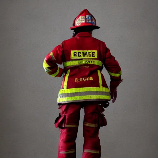 Image similar to full body pose, hyperrealistic photograph of female fireman, dim volumetric lighting, 8 k, octane beautifully detailed render, extremely hyper detailed, intricate, epic composition, cinematic lighting, masterpiece, trending on artstation, very very detailed, stunning, hdr, smooth, sharp focus, high resolution, award, winning photo, dslr, 5 0 mm