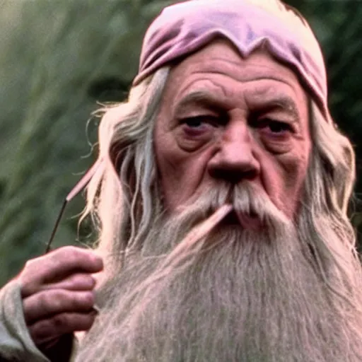 Prompt: gandalf with a pink bowtie on his head, movie still from Lord of the Rings