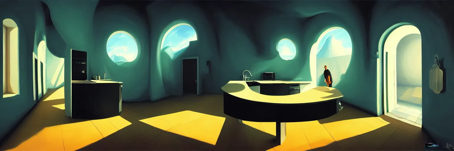 Prompt: volumetric shadows, volumetric lighting, black goya painting, el greco, fisheye, curved perspective, naive, extra narrow, by rhads, an underground kitchen with large floor