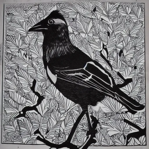 Image similar to magpie, detailed intricate block print, 4k, black ink on white paper