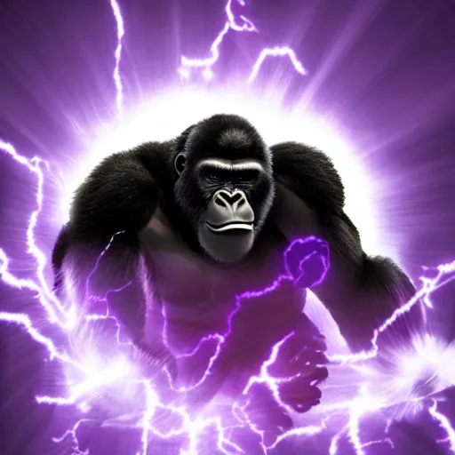 Prompt: an angry gorilla charges a large purple white ball of energy above his upraised hands, photorealistic, cinematic