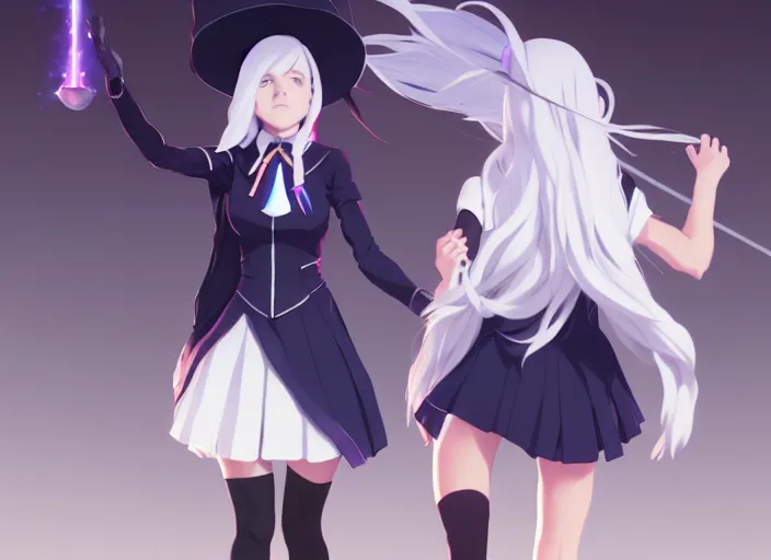 Image similar to visual novel sprites of female student witch by greg rutkowski, witch academia, magic school uniform, glowing white iridescent hair color, by studio ghibli, digital art, trending on artstation, hd, 8 k, highly detailed, good lighting, beautiful, masterpiece