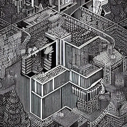 Prompt: “geometrically surreal cubescape city, extremely high detail, photorealistic, intricate line drawings, dotart, album art in the style of James Jean”