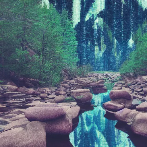 Image similar to a beautiful landscape, river, rocks, trees, by greg rutkowsi, glitch, glitchy, vhs