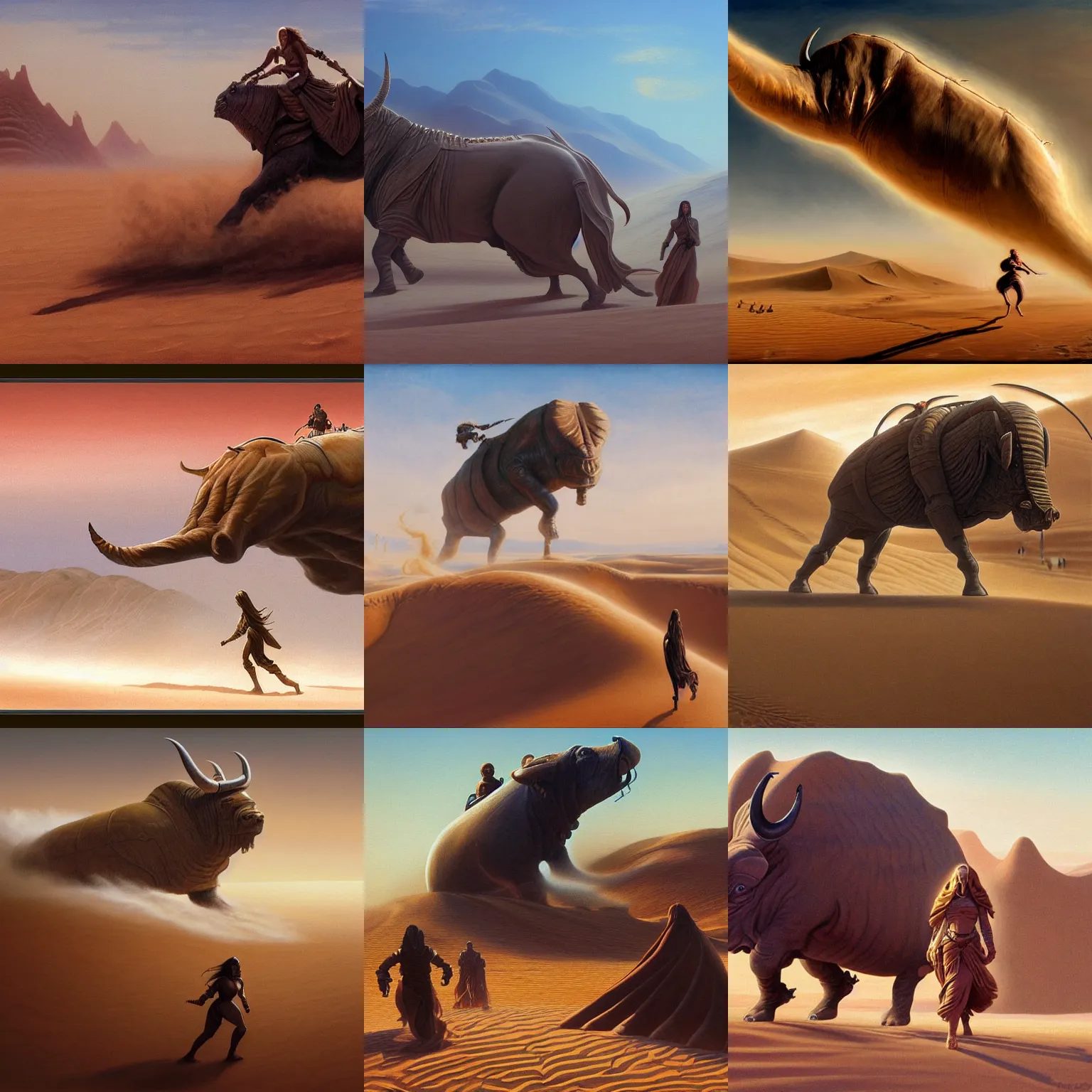 Prompt: detailed painting of dune movie, desert landscape, huge bull emerging from the sand, woman running away, trending on artstation, by ted nasmith