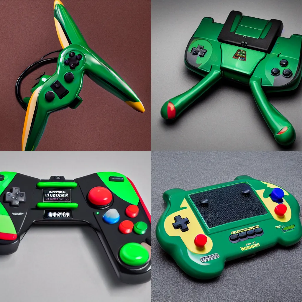 Prompt: a nintendo 64 console with a rayquaza theme, 4k photography