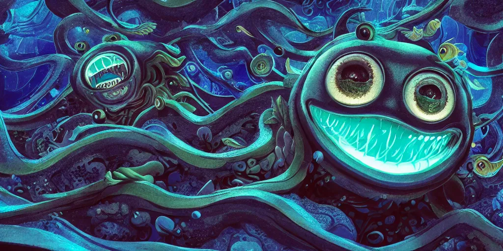 Image similar to of an intricate deep sea with strange cute friendly happy creatures with huge eyes, long tongue, round teeth and goofy funny face, appearing from the background, in the style of gehry and gaudi, macro lens, shallow depth of field, ultra detailed, digital painting, trending artstation, concept art, illustration, cinematic lighting, photorealism, epic, octane render