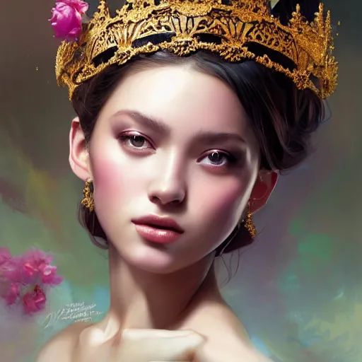 Prompt: realistic expressive oil painting, of alluring european princess, seductive look, smooth glowing skin, glistening body, love, adoration, ornate headpiece made from flowers, glamour shot, by yoshitaka amano, by greg rutkowski, by jeremyg lipkinng, by artgerm, sue bryce, digital art, octane render