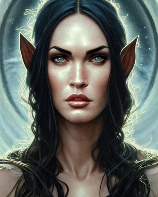 Image similar to portrait of megan fox as an elven mage, dark, piercing eyes, gentle expression, elegant clothing, photorealistic, highly detailed, artstation, smooth, sharp focus, art by michael whelan, artgerm, greg rutkowski and alphonse mucha