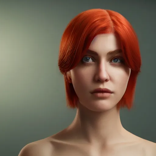 Image similar to beautiful girl her name was helga. she had red hair and green eyes and wanted to become a journalist when she grew up, beautiful portrait, symmetrical, character concept style trending on artstation concept art detailed octane render cinematic photo - realistic 8 k high detailed