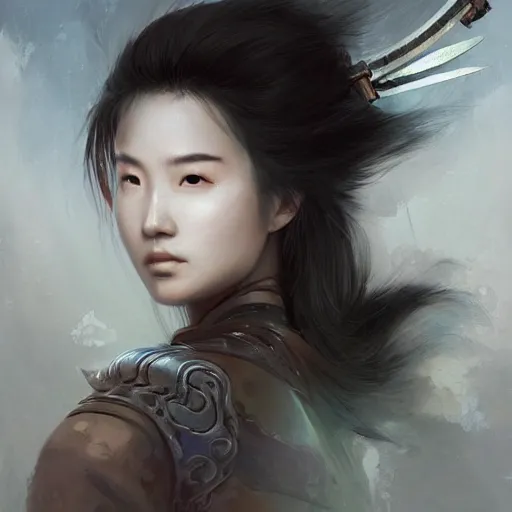Image similar to A portrait of An beautiful!!! ancient Chinese female swordsman by Ross Tran!!! and Zhang Daqian!! and greg rutkowski! and Zdzisław Beksiński! and Ruoxin Zhang!!!,In style of digital art illustration.Symmetry.Highly detailed face.Fantasy,smooth,hyper detailed,sharp focus,Soft light.trending on artstation.