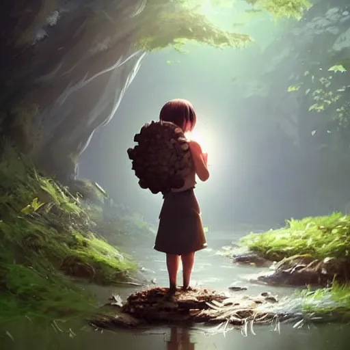 Image similar to a tiny mushroom person with a mushroom for a head walking by a stream in a lush forest. dramatic lighting cgsociety masterpiece, artstation trending, by rossdraws, ghibli, Kimi no Na wa, greg rutkowski, 4k, digital art, concept art, trending on artstation