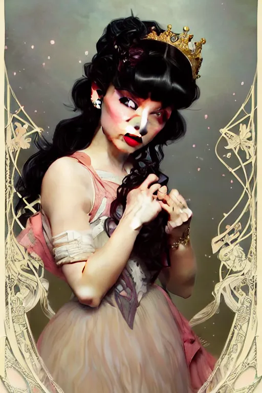 Image similar to Pop Star Melanie Martinez as a princess, fantasy, intricate, elegant, highly detailed, digital painting, artstation, concept art, matte, sharp focus, illustration, art by Artgerm and Greg Rutkowski and Alphonse Mucha