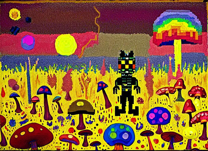 Image similar to pixel decollage painting golden armor alien zombie horseman riding on a crystal bone dragon broken rainbow diamond maggot horse in a blossoming meadow full of colorful mushrooms and golden foil toad blobs in a golden sunset, distant forest horizon, painted by Mark Rothko, Helen Frankenthaler, Danny Fox and Hilma af Klint, pixelated, neo expressionism, semi naive, rich deep colors, cinematic, color field painting, cave painting, voxel, pop art look, outsider art, minimalistic. Bill Traylor painting, part by Philip Guston and Francis Bacon. art by Adrian Ghenie, 8k, extreme detail, intricate detail, masterpiece