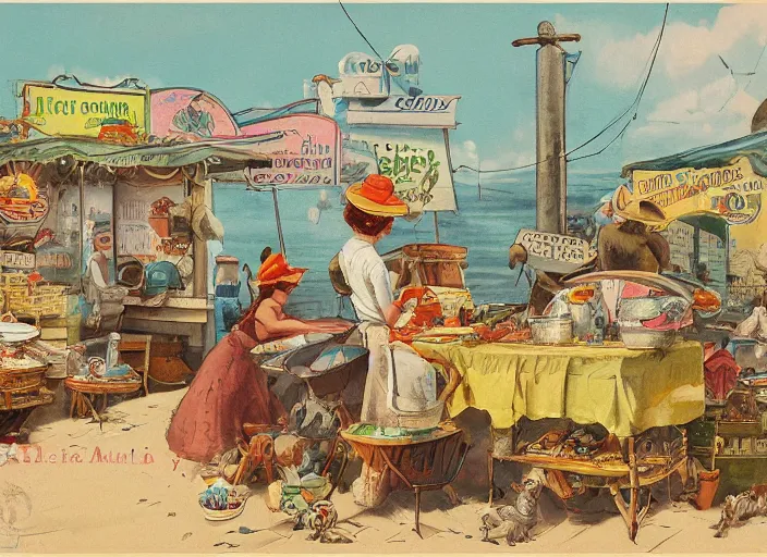 Image similar to a whimsical storybook illustration of crab sellers, 1 9 5 0 s americana tourism, designed by jean baptiste monge but in lowbrow pop art style, high resolution, fine details, muted colors