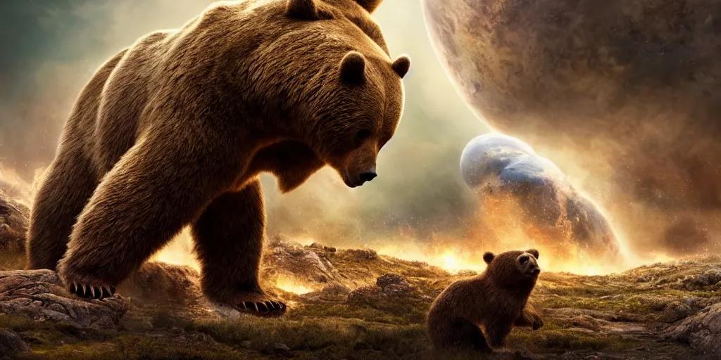 Prompt: Earth being destroyed by a planet sized bear, realistic 4k octane beautifully detailed render, 4k post-processing, highly detailed, intricate complexity, epic composition, magical atmosphere, cinematic lighting, masterpiece, ultra hd