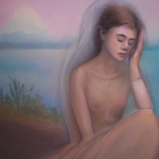 Image similar to This conceptual art captures the beauty and mystery of the woman sitting before us. Her enigmatic smile and gaze seem to invite us into her world, and we cannot help but be drawn in. The softness of her features and the delicate way she is dressed make her seem almost ethereal. The background landscape adds to the feeling of distance and mystery, making us wonder what secrets this woman holds. cerulean by Sunil Das, by Lori Earley monumental