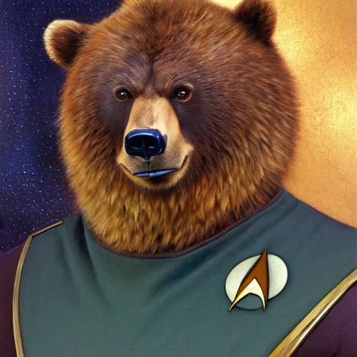 Image similar to a portrait of a bear bearman in a starfleet uniform star trek chief engineer. zootopia fursona furaffinity furry art detailed face highly detailed painting by gaston bussiere craig mullins jc leyendecker gustav klimt artgerm greg rutkowski furry