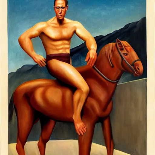 Image similar to nicolas cage as triumphant sweaty muscular centaur with a halo, dystopian, pj crook, edward hopper, oil on canvas